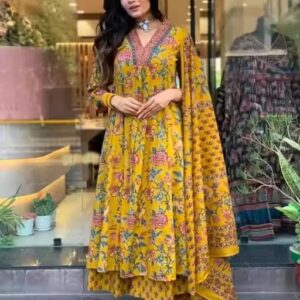 WOMENS RAYON PRINTED ANARKALI KURTI AND PANT WITH DUPATTA SET FOR GIRLS